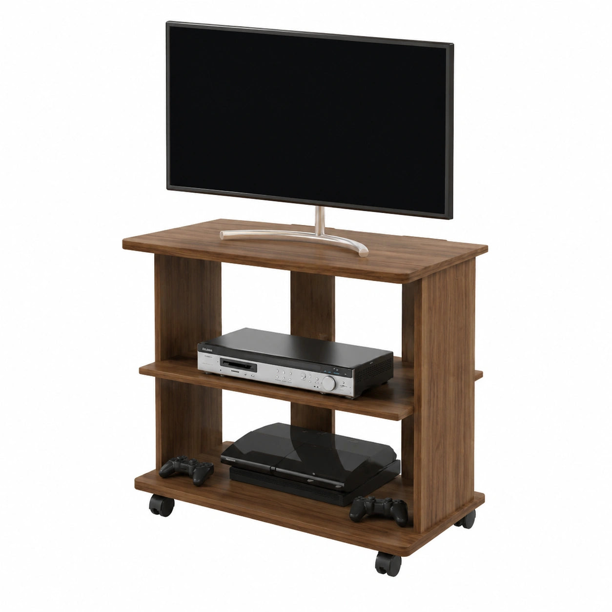 Mobile Tv Legno MDF 3 Ripiani Mobiletto Noce Antico Carrello Porta Tutto Pavimento Televisore Console Videogiochi DVD Ruote Trasportabili Robusto