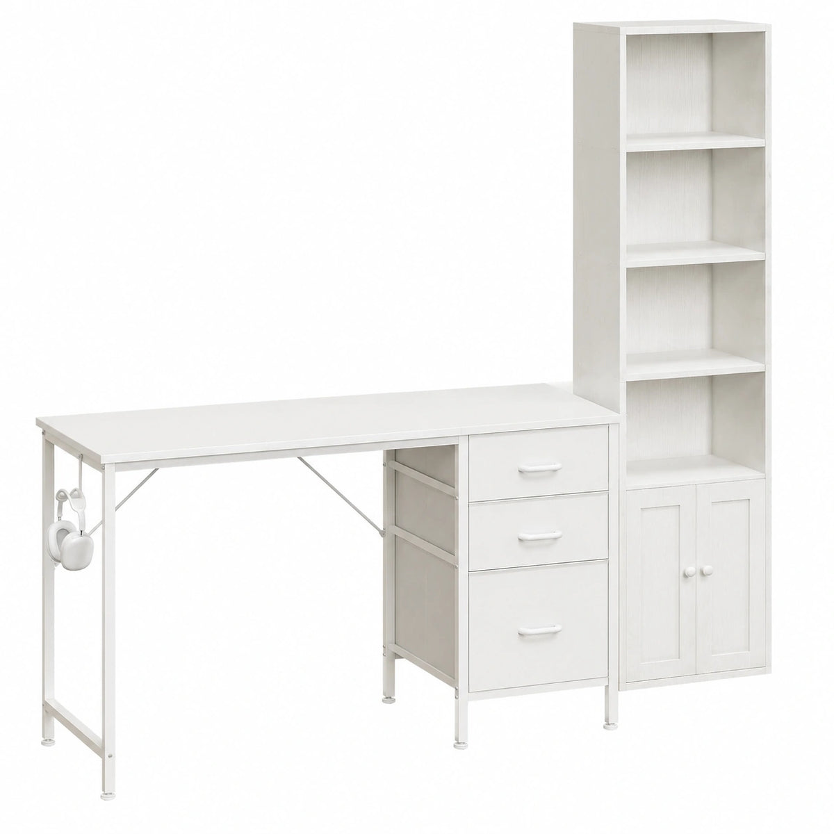 Scrivania 120 × 48cm con 3 Cassetti e Portacuffie & Libreria a 6 Ripiani con Ante 176cm, set Scrivania e Scaffale Salvaspazio per Casa e Studio