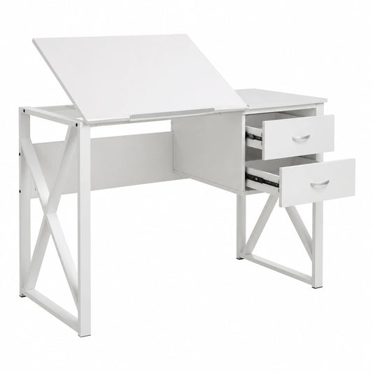 Scrivania con Cassettiera 2 Cassetti e Piano Reclinabile Tavolo da Lavoro Porta Pc Computer Struttura in Metallo e Piano in Legno MDF Arredamento