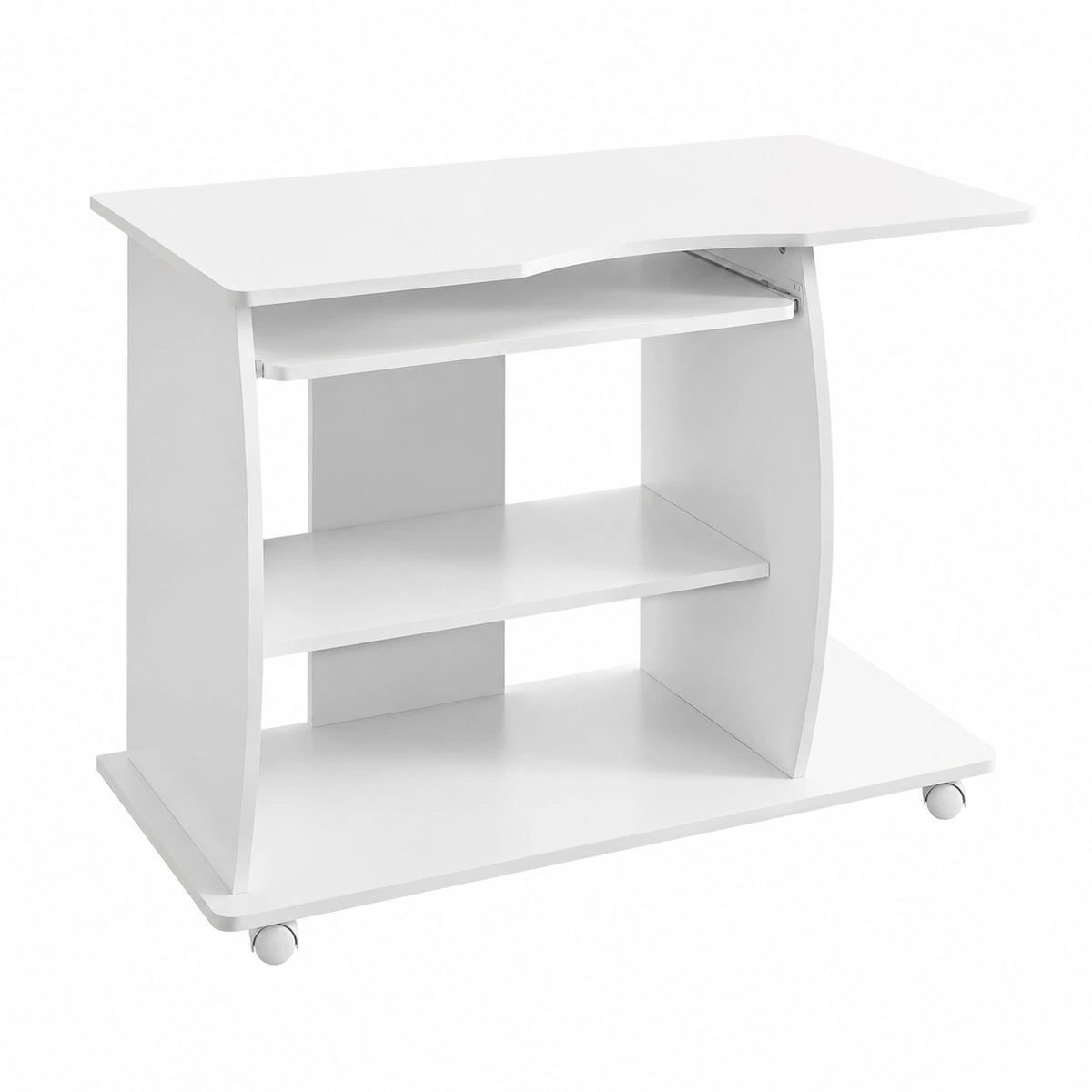 Scrivania PC 90 × 50 × 71 cm Bianca con Ruote e Ripiano Tastiera, scrivania su bloccabili ruote per piccoli spazi, tavolo PC con ripiano stampante
