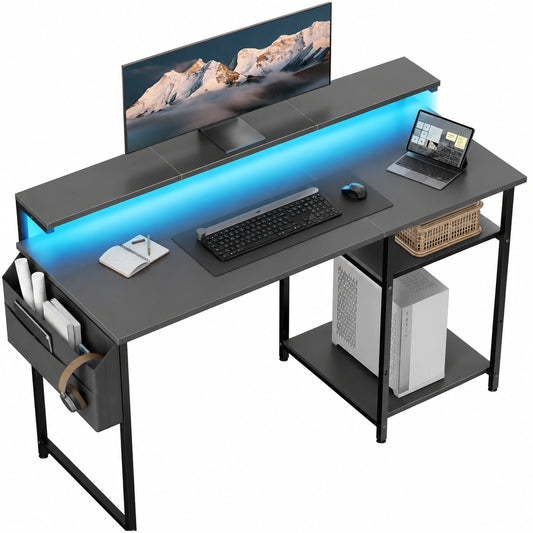 Scrivania, 120 × 48 cm Scrivania Computer Piccola con Supporto per Monitor, tavolo gaming con Borsa Portaoggetti, Scaffali Regolabili, per Ufficio