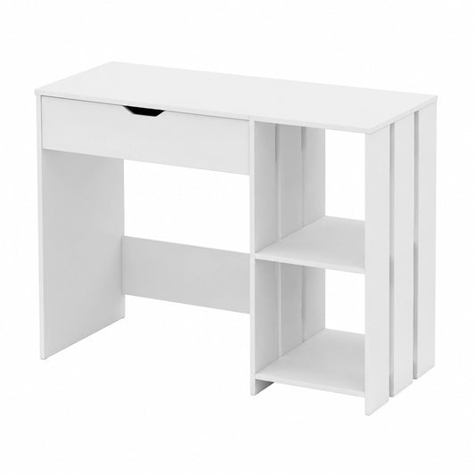 Scrivania con ripiano estraibile, scrivania per computer con vano portaoggetti, tavolo per computer portatile, tavolo con mensola, bianco