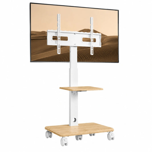 Supporto TV da Pavimento con Base in Legno per TV 32-80 Pollici, con 5 ruote, portata 60 kg, VESA 600 × 400 mm, altezza 1210-1500 mm