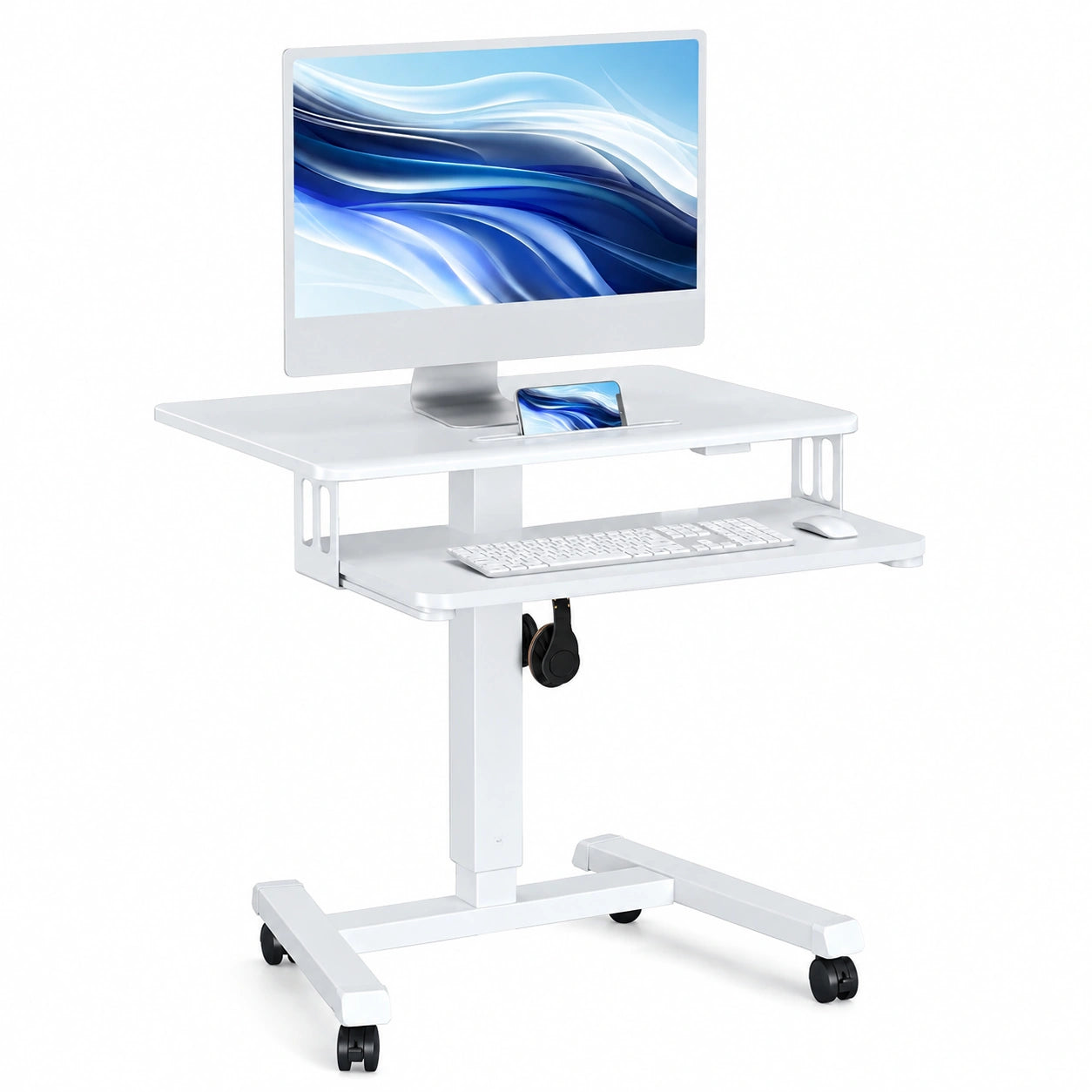Scrivania Mobile Sit-Stand con Vassoio Tastiera e Ruote, Bianco, Postazione PC regolabile in altezza, portata 15 kg, ideale per laptop